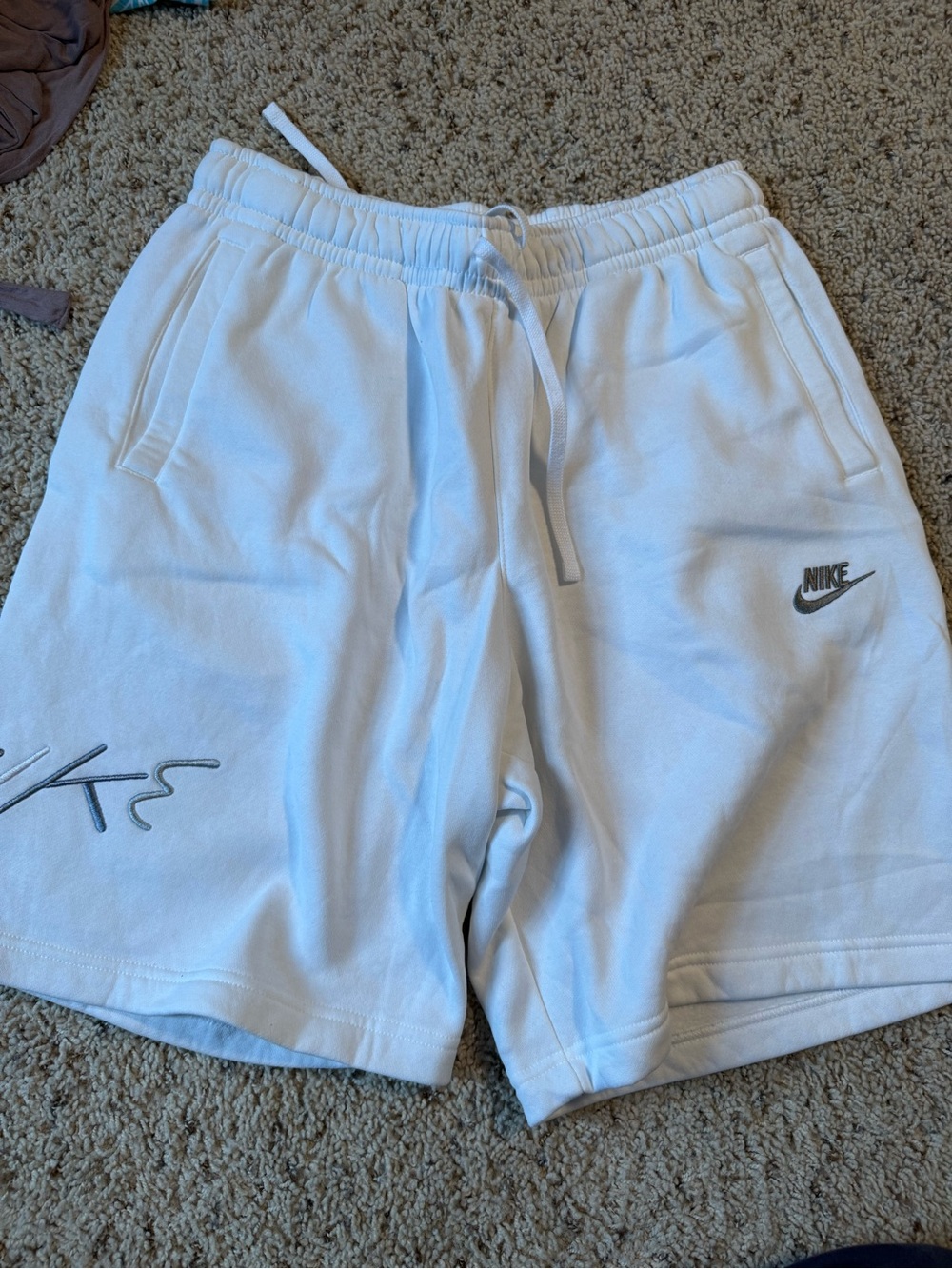 Nike Men’s White Athletic Fleece Drawstring Shorts with Grey Logos